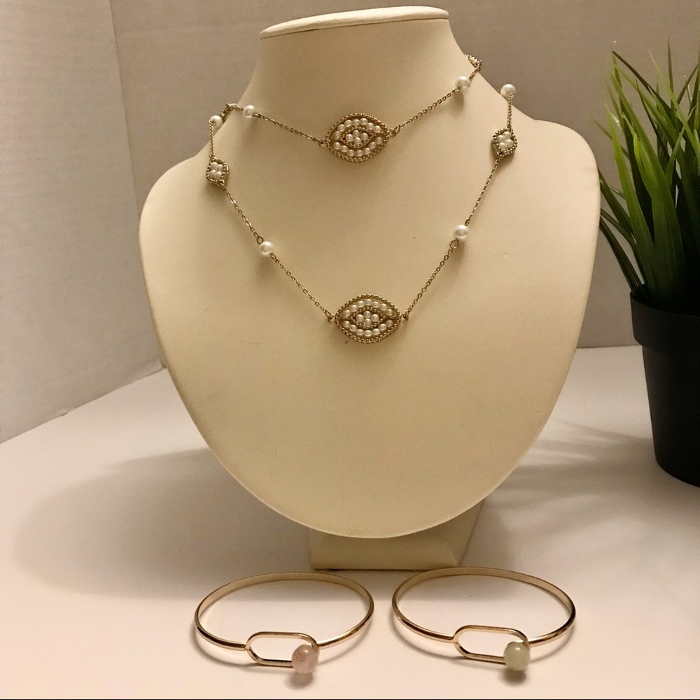 2 Gemstone bracelets and Pearl necklace Gold Tone - Picture 6 of 10
